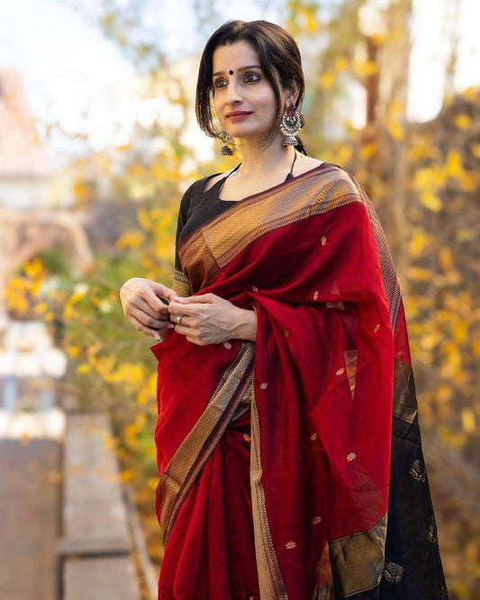 Glemorous Slub Lilan Jacquard Weaving Saree With Contrast Blouse