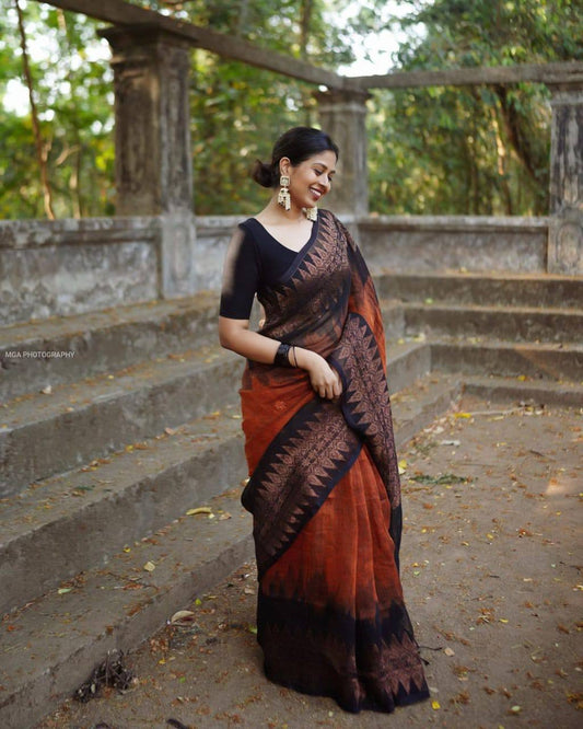 Deep Orange Slab Lilan Jacquard Weaving Beautiful Saree