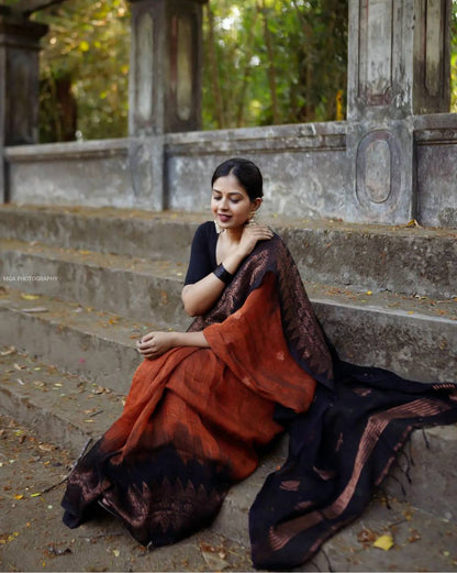 Deep Orange Slab Lilan Jacquard Weaving Beautiful Saree