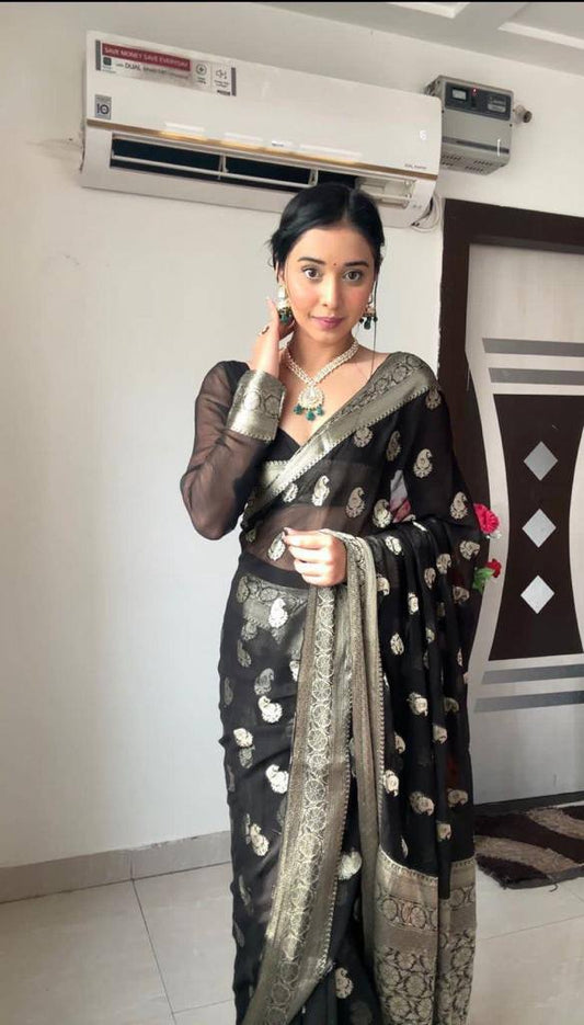 Black Slub Lilan Jacquard Weaving Ready To Wear Saree