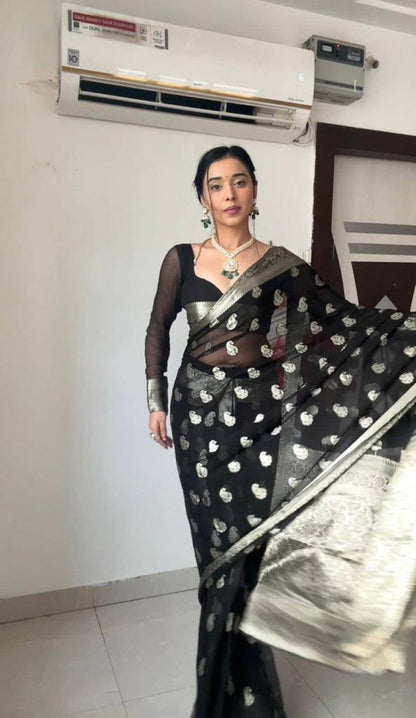 Black Slub Lilan Jacquard Weaving Ready To Wear Saree