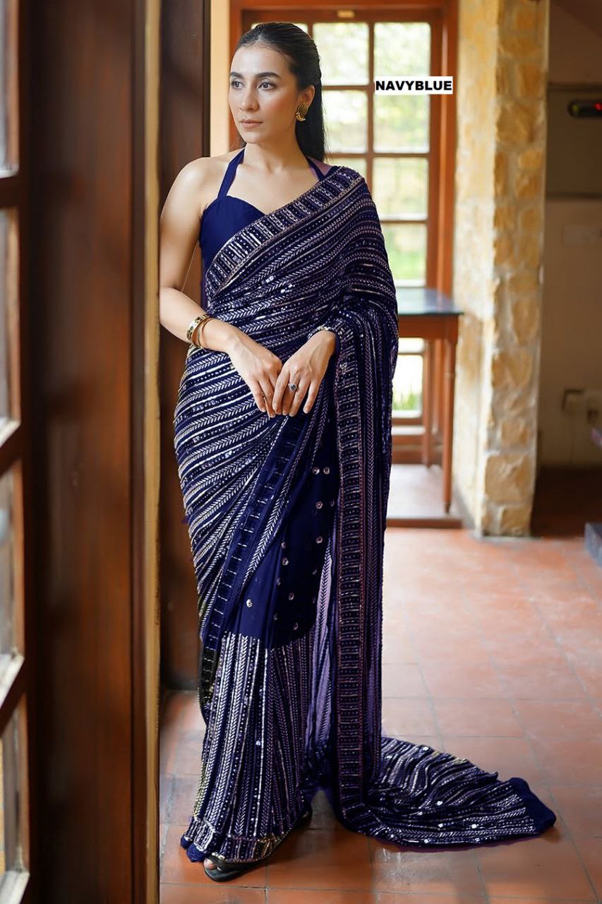 Elegant Georgette Saree With Multy Embroidery and Sequins