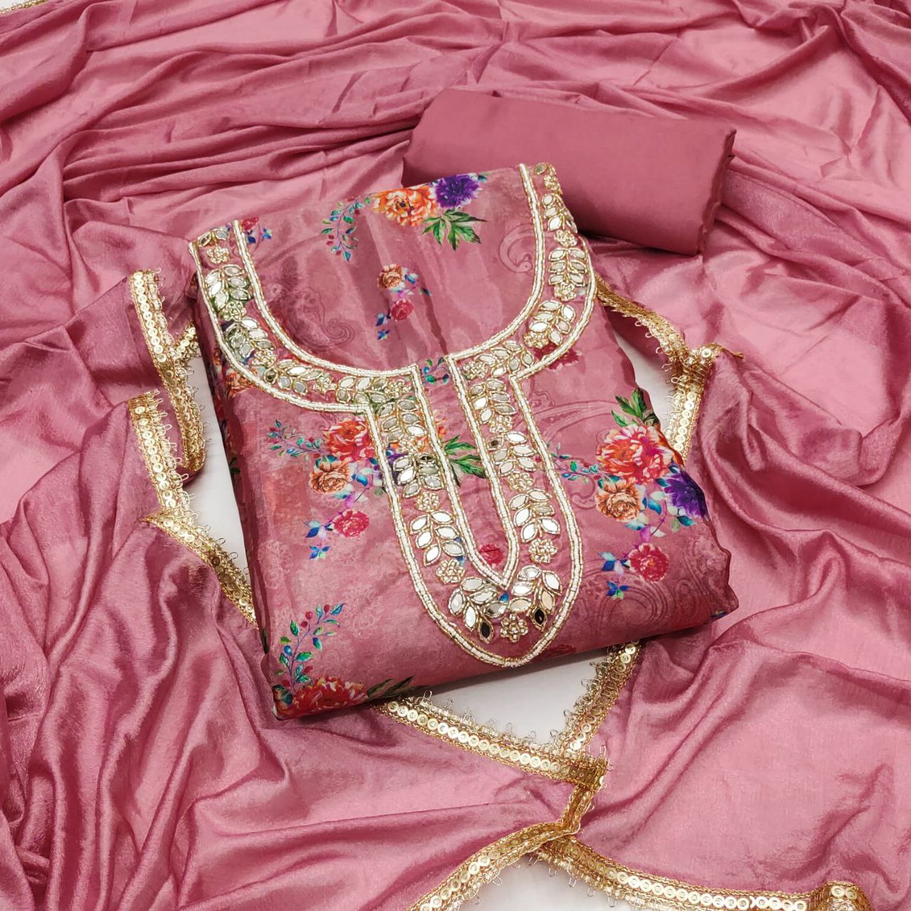 Chinon Silk Print And Hand Work Dress Material For Women