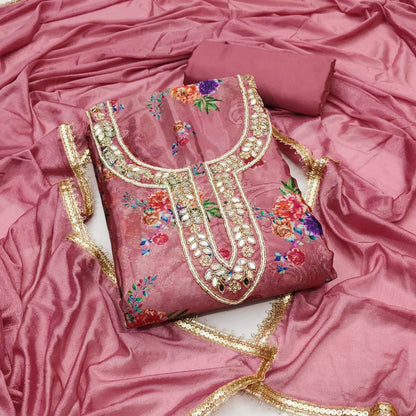 Chinon Silk Print And Hand Work Dress Material For Women
