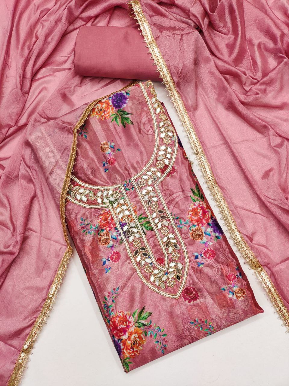 Chinon Silk Print And Hand Work Dress Material For Women