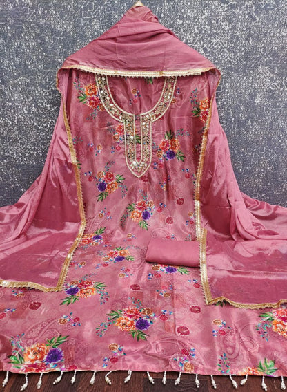 Chinon Silk Print And Hand Work Dress Material For Women