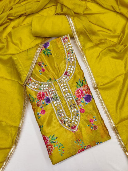 Chinon Silk Print And Hand Work Dress Material For Women