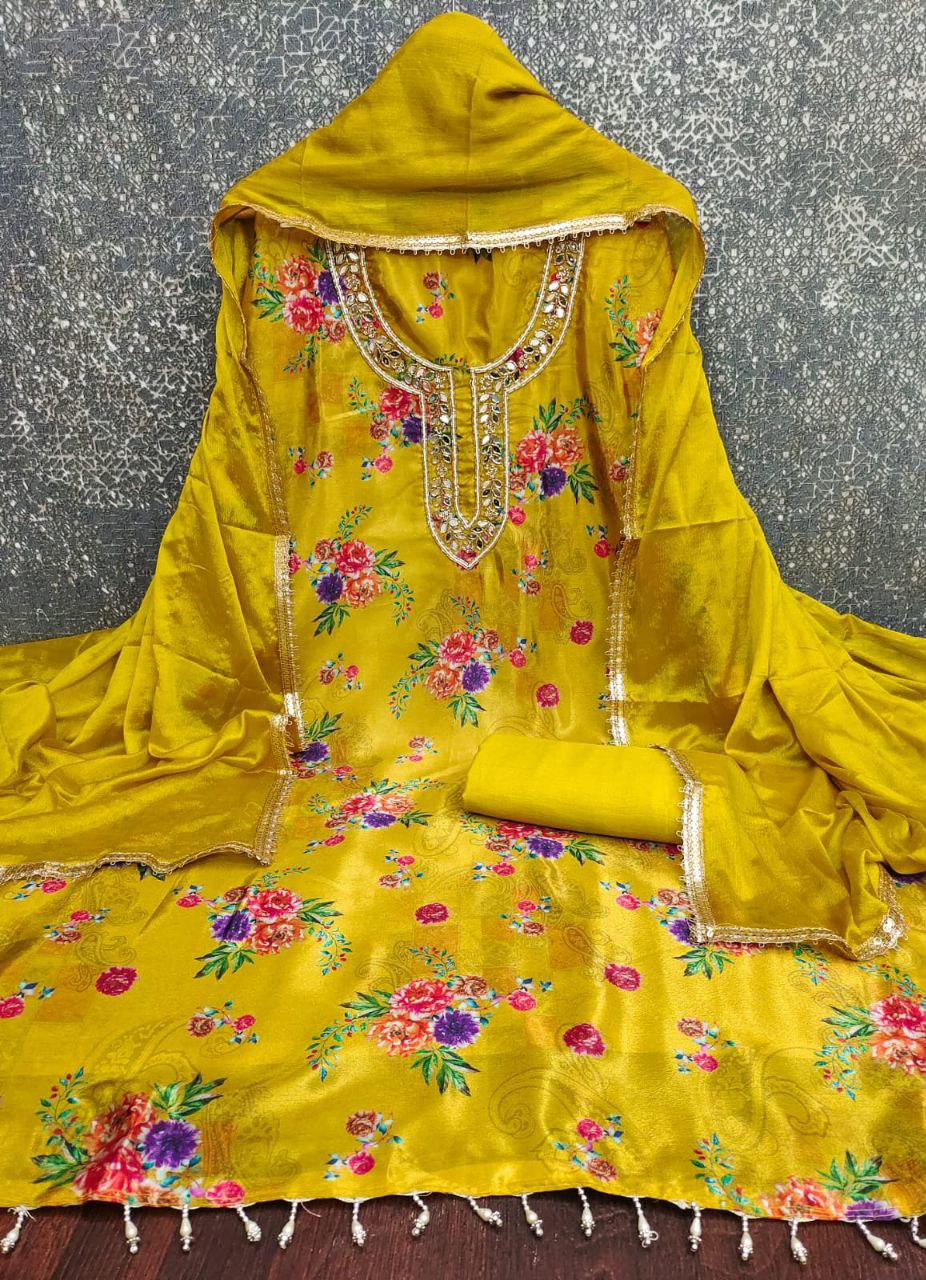 Chinon Silk Print And Hand Work Dress Material For Women