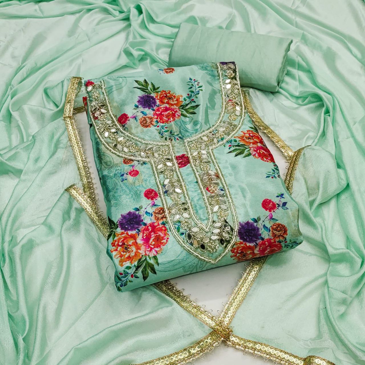 Chinon Silk Print And Hand Work Dress Material For Women