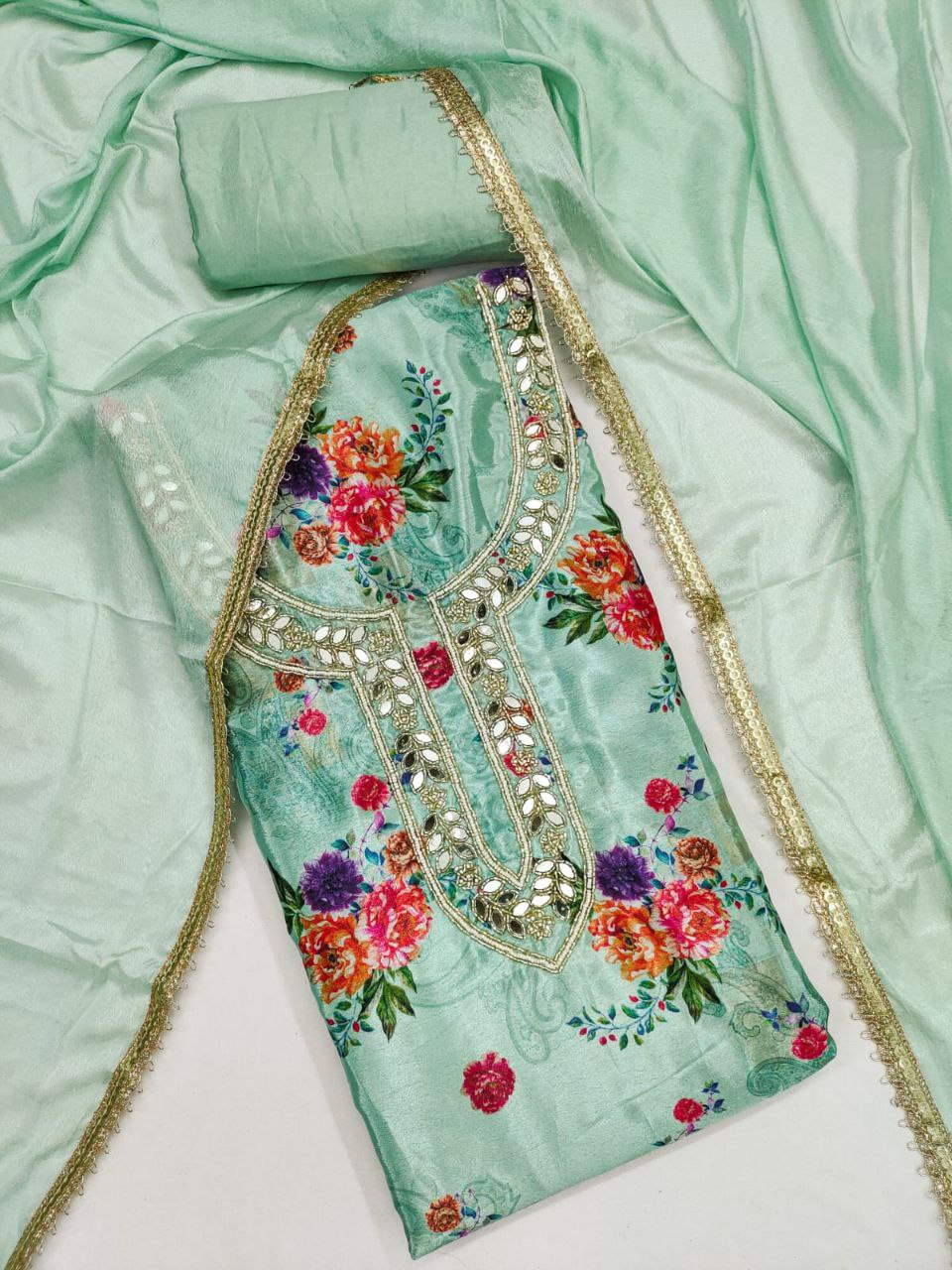 Chinon Silk Print And Hand Work Dress Material For Women