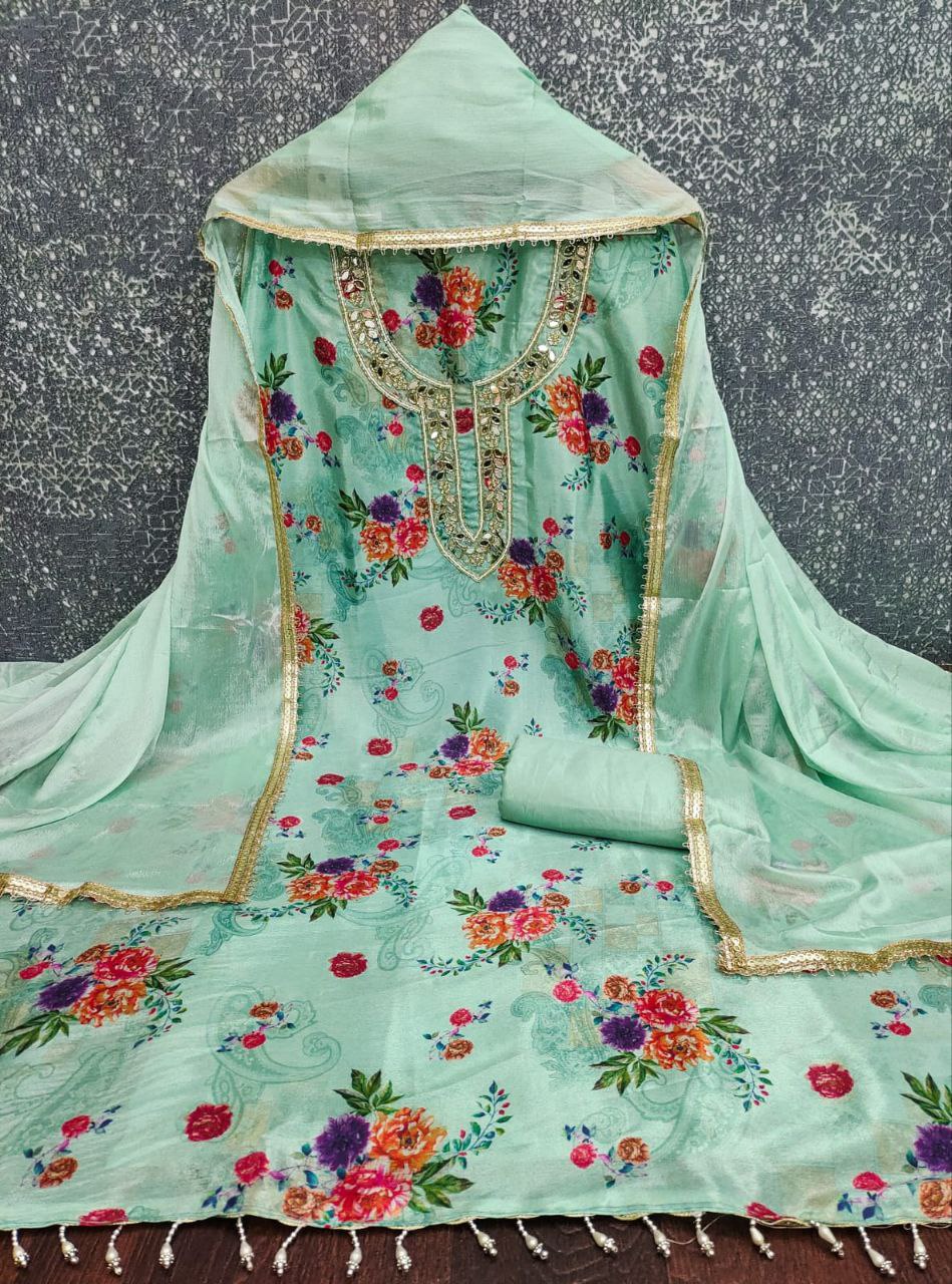 Chinon Silk Print And Hand Work Dress Material For Women