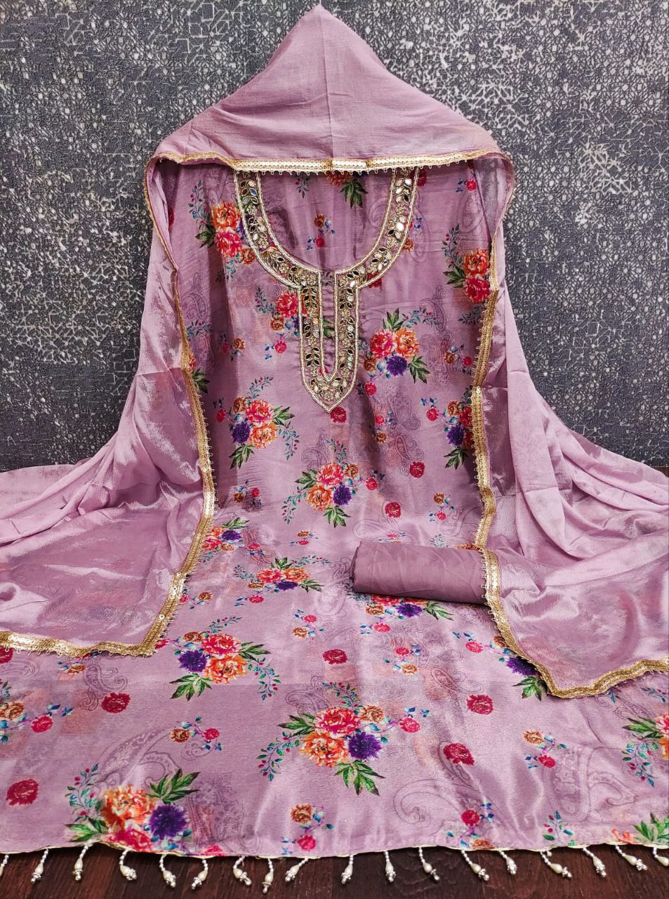 Chinon Silk Print And Hand Work Dress Material For Women