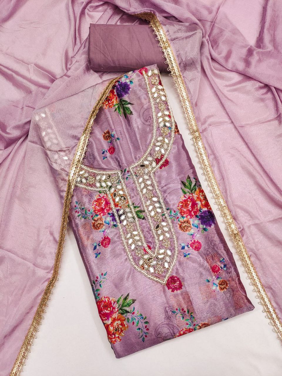 Chinon Silk Print And Hand Work Dress Material For Women