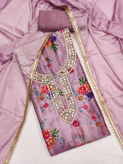 Chinon Silk Print And Hand Work Dress Material For Women
