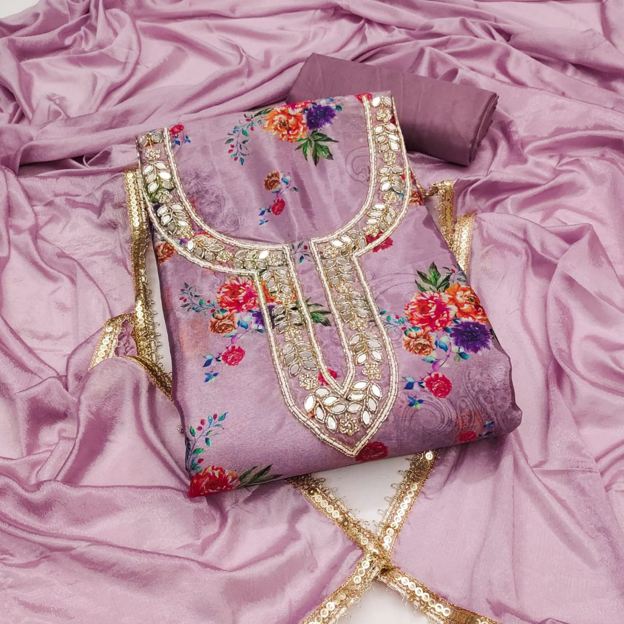 Chinon Silk Print And Hand Work Dress Material For Women