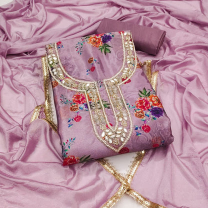 Chinon Silk Print And Hand Work Dress Material For Women