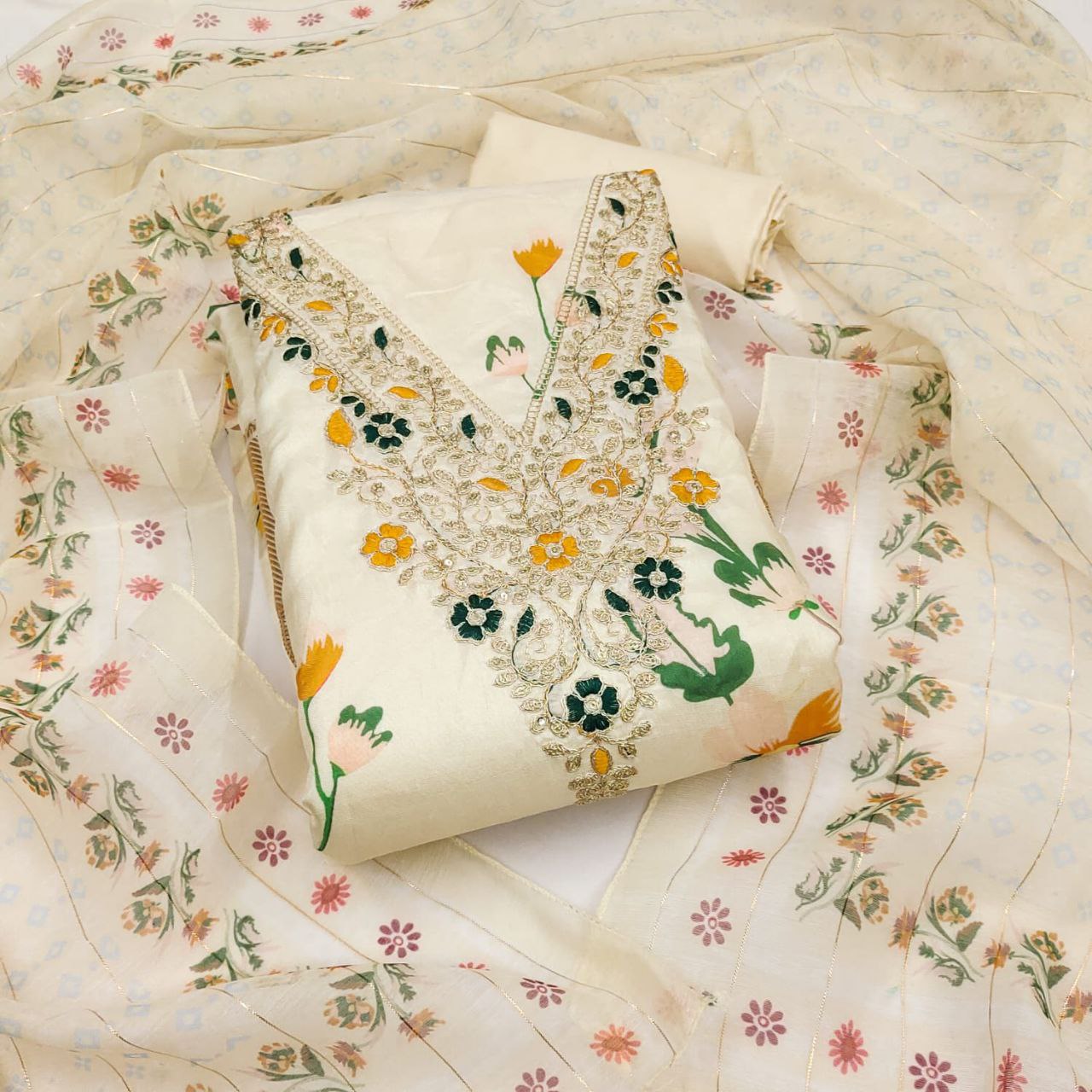Chanderi Digital Print with Codding Work Dress Material For Women