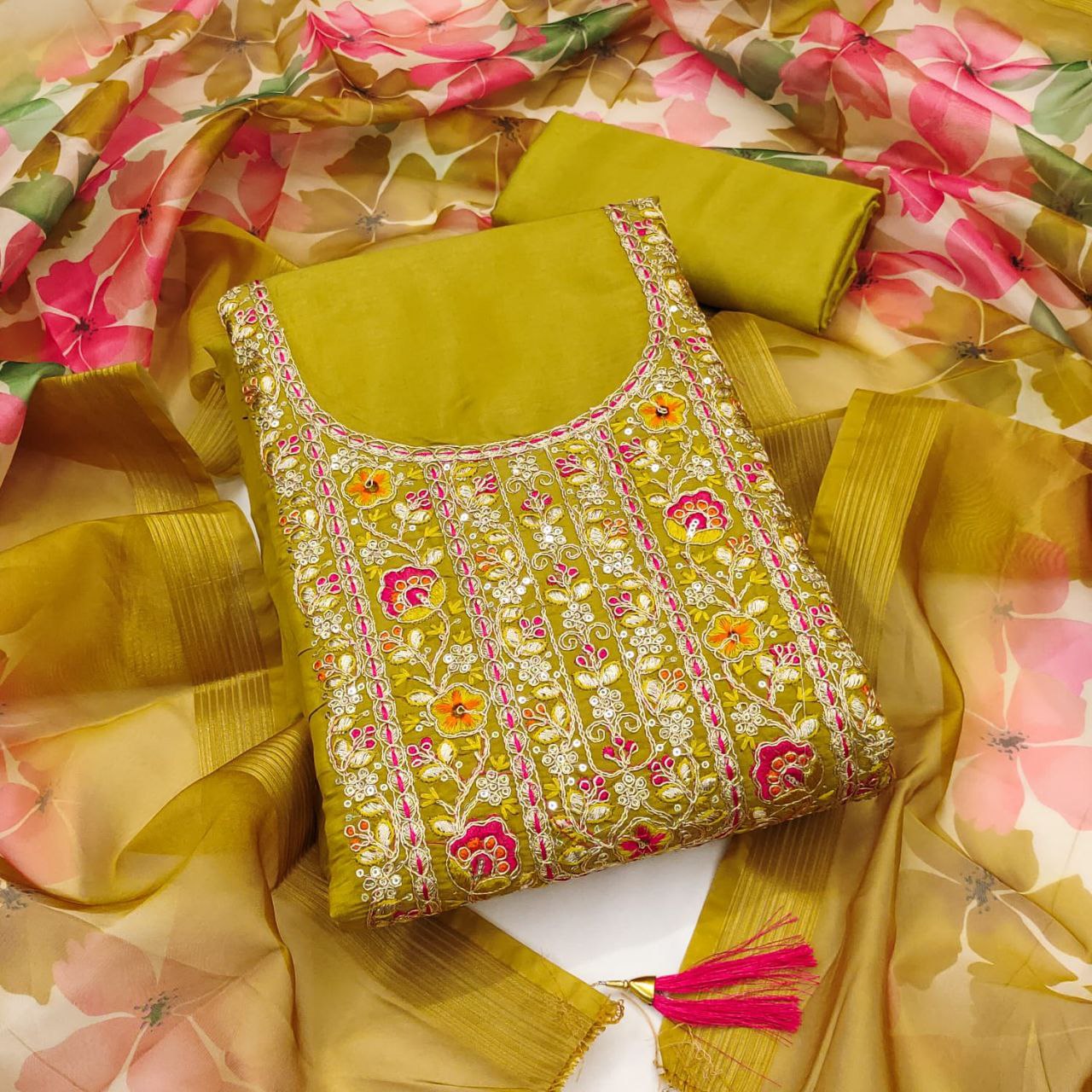 Chanderi Febric Codding Sequence Work Dress Material With Chanderi Zakard Digital Print Duppata