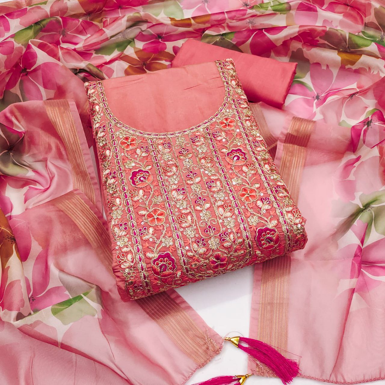 Chanderi Febric Codding Sequence Work Dress Material With Chanderi Zakard Digital Print Duppata