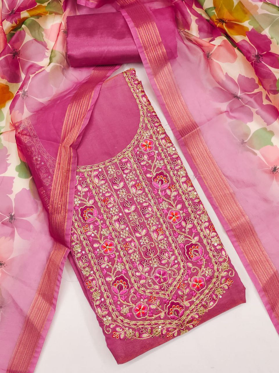 Chanderi Febric Codding Sequence Work Dress Material With Chanderi Zakard Digital Print Duppata