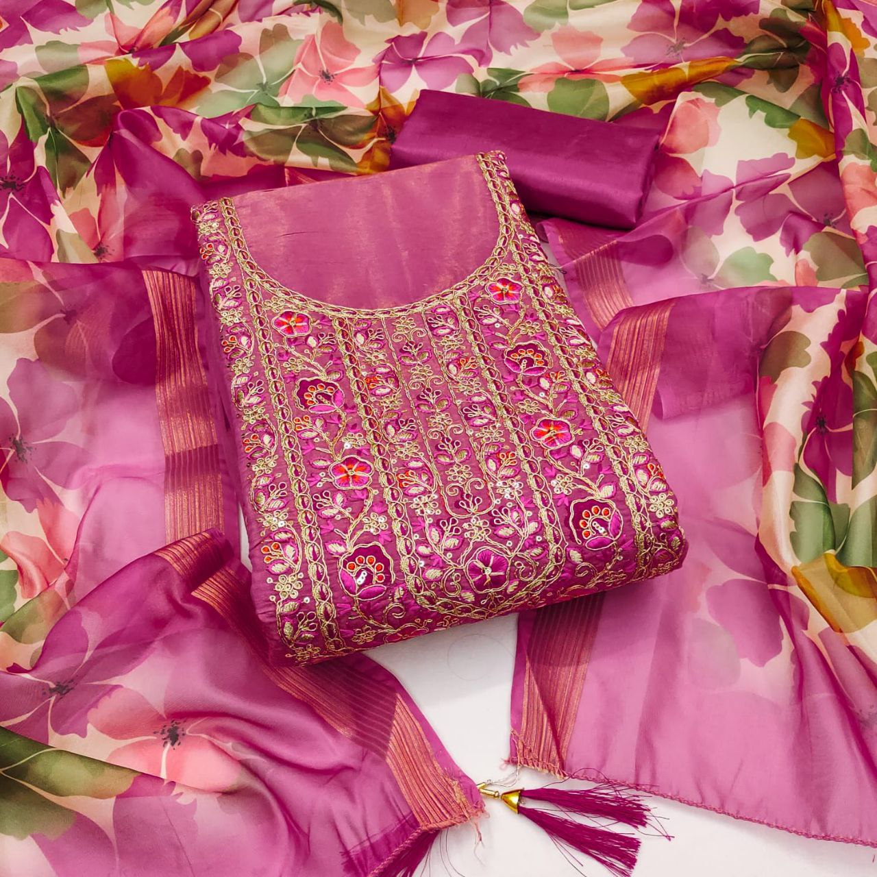 Chanderi Febric Codding Sequence Work Dress Material With Chanderi Zakard Digital Print Duppata