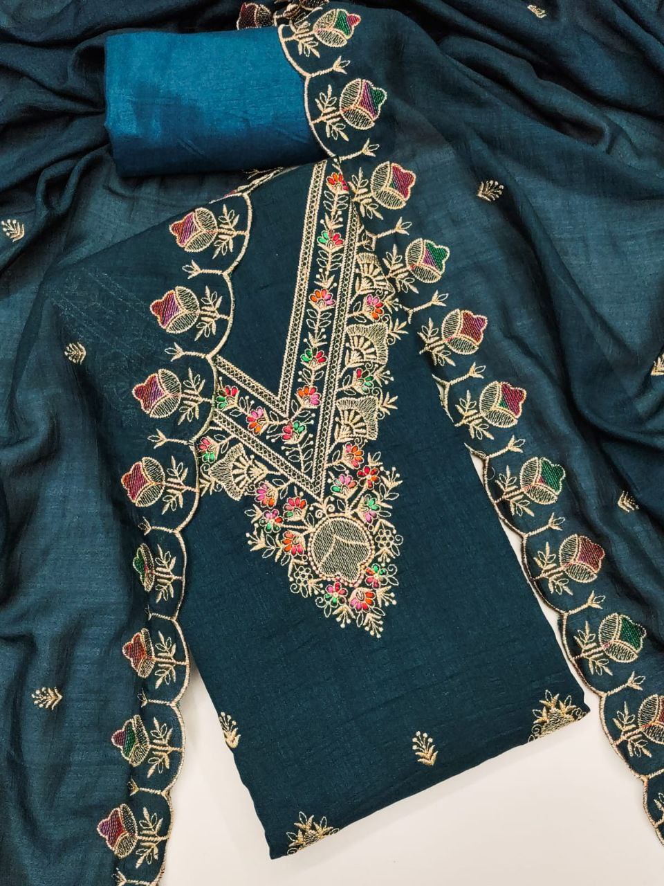 Vichitra Silk Embroidary Work Dress Material With Embroidary Work Duppata