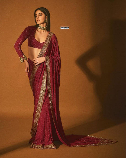 Maroon Color Soft Georgette LCD & Oringnal Mirror Work  Saree