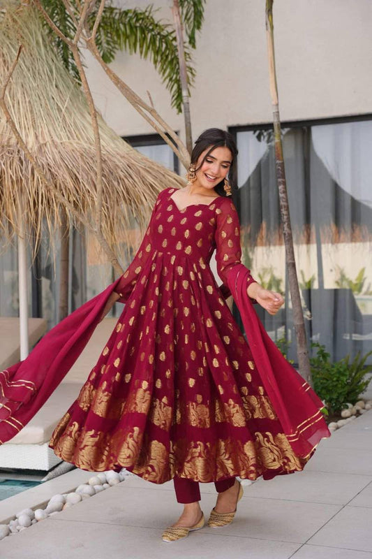 Maroon Jacquard Silk And Weaving Work Fully Stiched Gown