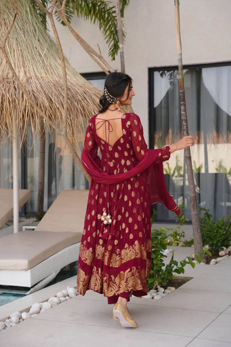 Maroon Jacquard Silk And Weaving Work Fully Stiched Gown