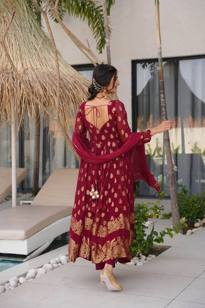 Maroon Jacquard Silk And Weaving Work Fully Stiched Gown