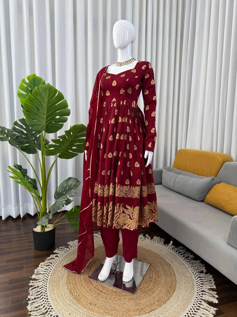 Maroon Jacquard Silk And Weaving Work Fully Stiched Gown