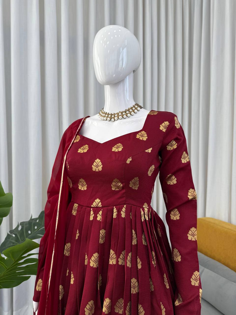 Maroon Jacquard Silk And Weaving Work Fully Stiched Gown