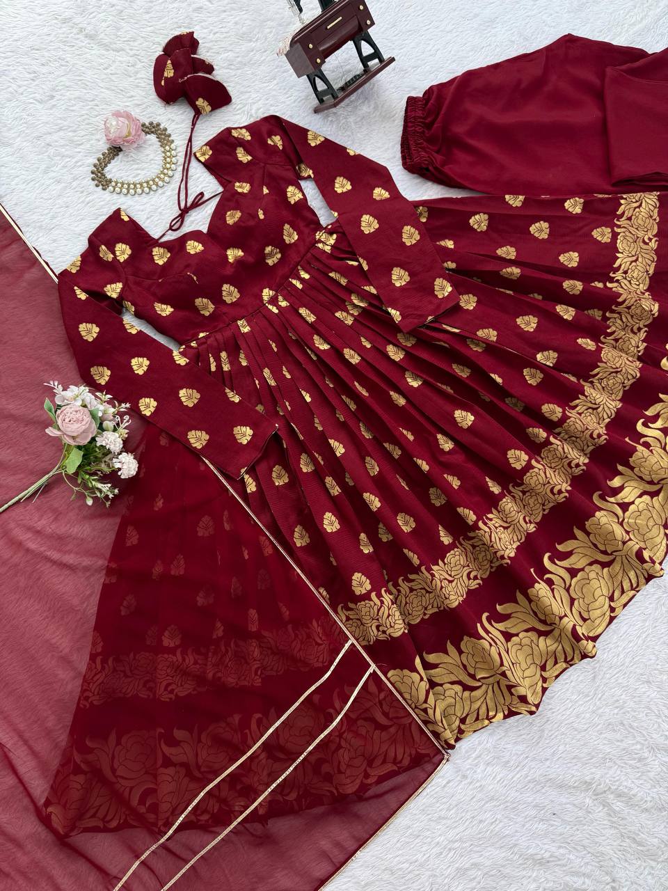 Maroon Jacquard Silk And Weaving Work Fully Stiched Gown