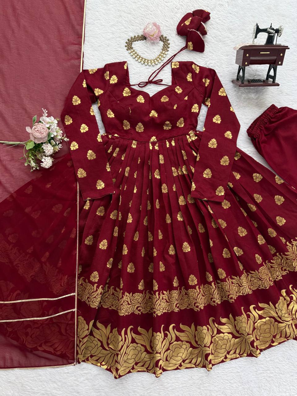 Maroon Jacquard Silk And Weaving Work Fully Stiched Gown