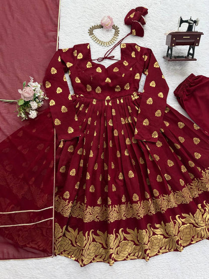 Maroon Jacquard Silk And Weaving Work Fully Stiched Gown