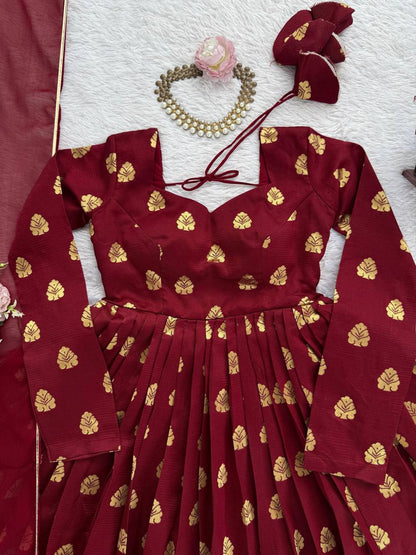 Maroon Jacquard Silk And Weaving Work Fully Stiched Gown