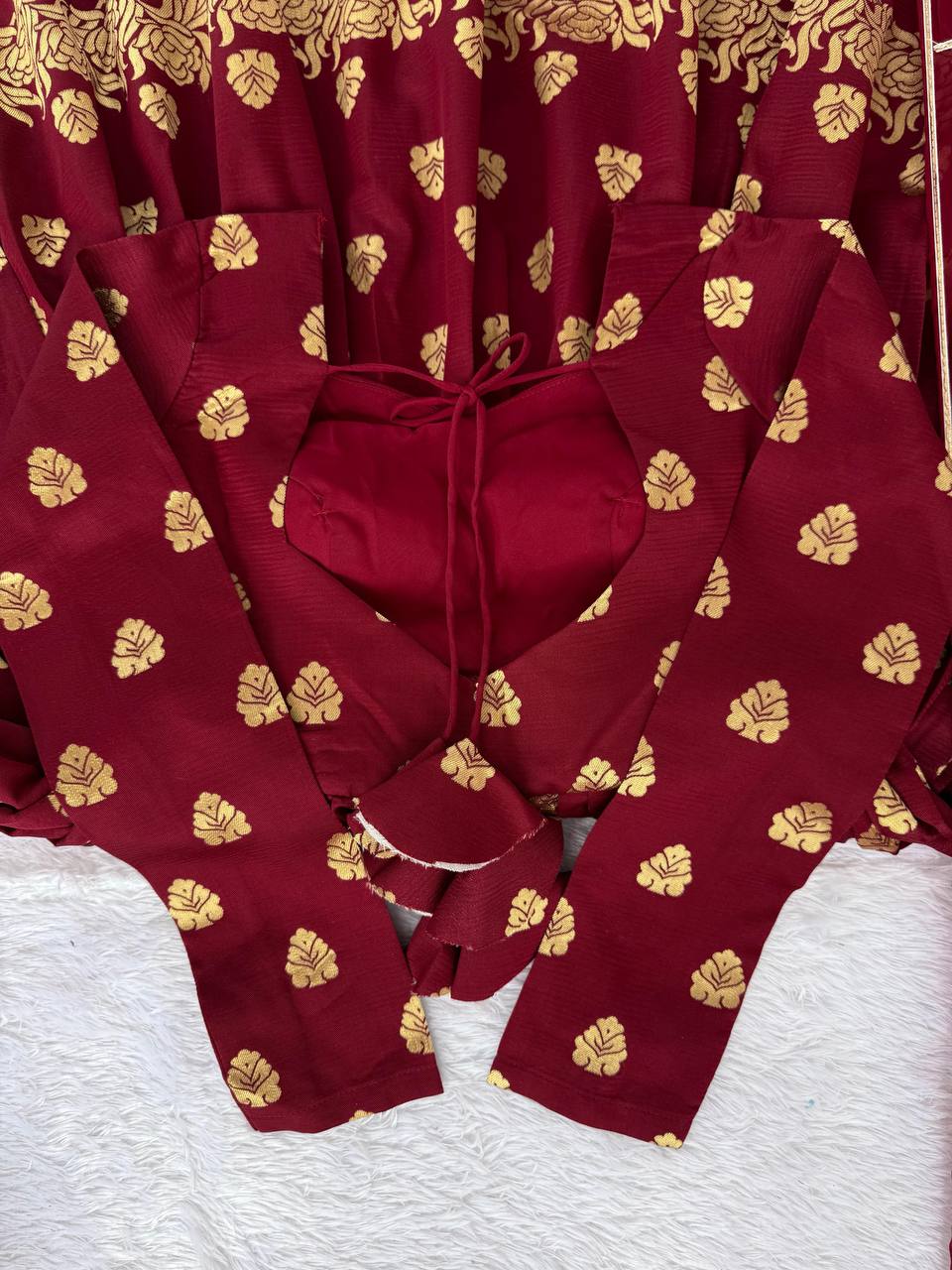 Maroon Jacquard Silk And Weaving Work Fully Stiched Gown