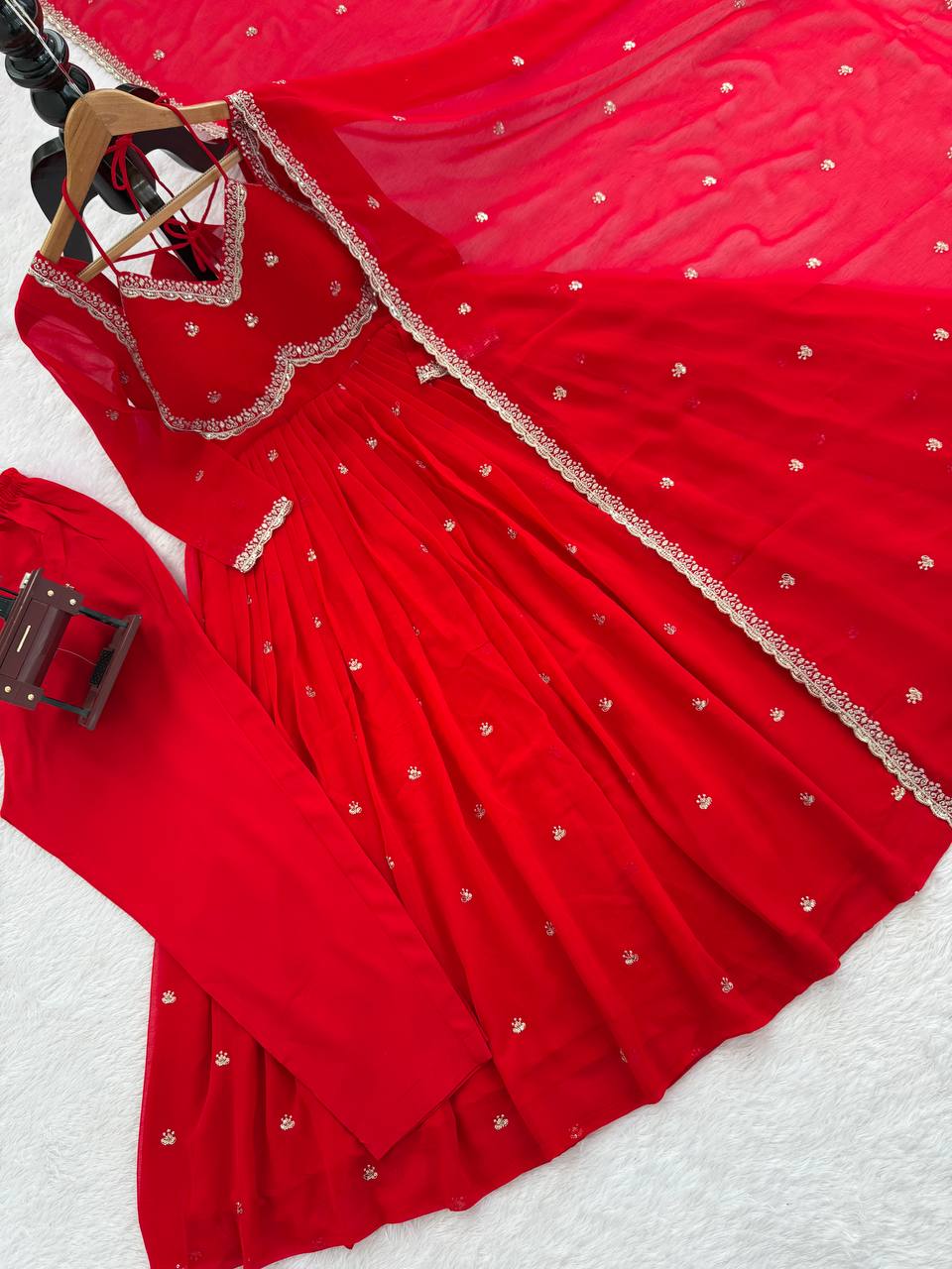 Red Georgette Anarkali Suit Set with 4-Meter Flair Fully Stiched