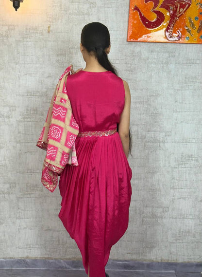 Chinon Silk Dhoti Style Stiched Suit With Printed Jecket