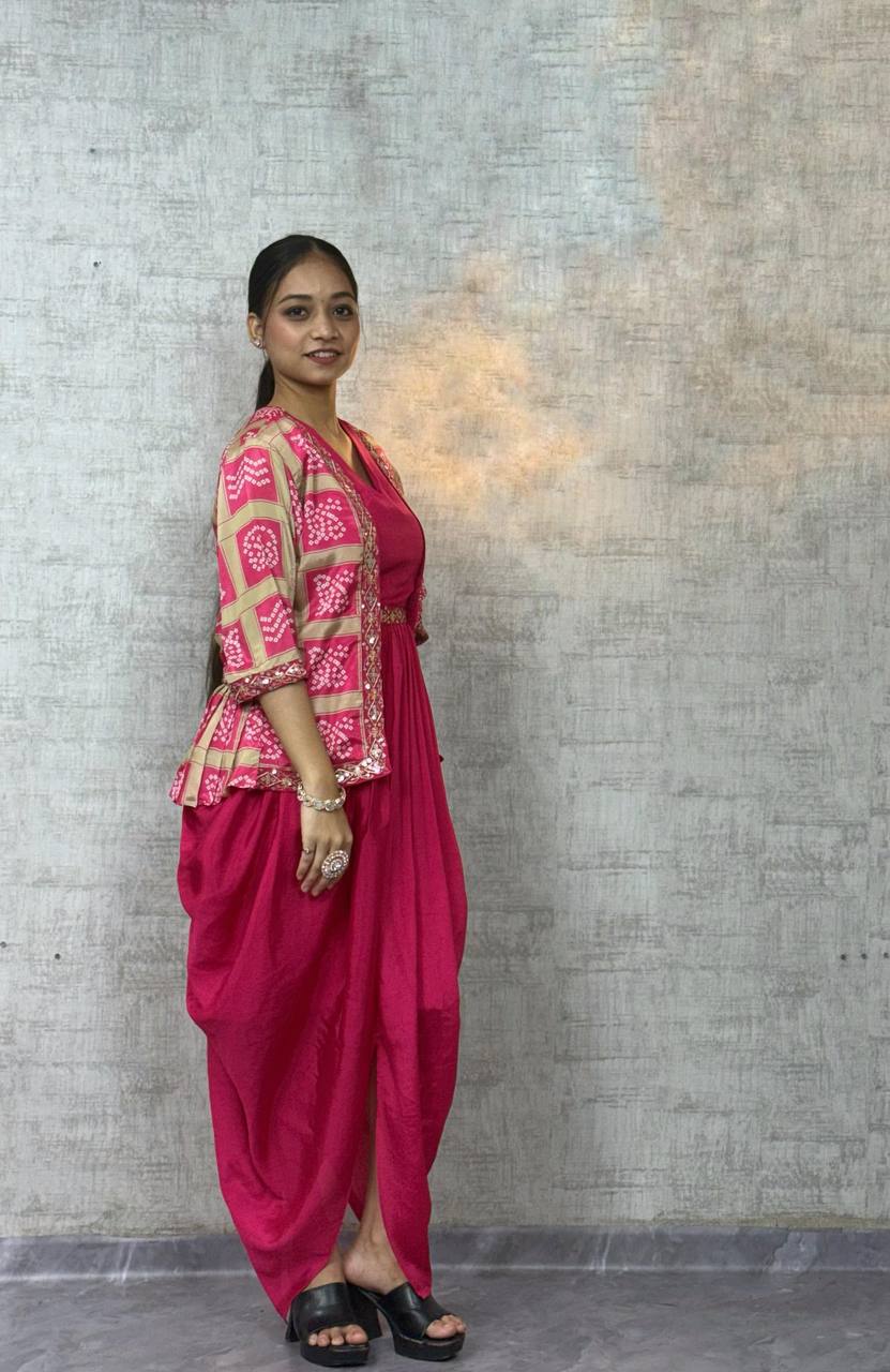 Chinon Silk Dhoti Style Stiched Suit With Printed Jecket