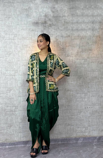 Chinon Silk Dhoti Style Stiched Suit With Printed Jecket