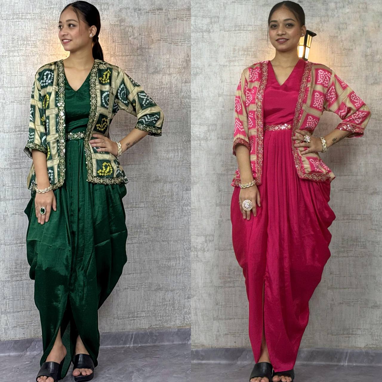 Chinon Silk Dhoti Style Stiched Suit With Printed Jecket