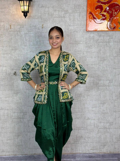 Chinon Silk Dhoti Style Stiched Suit With Printed Jecket