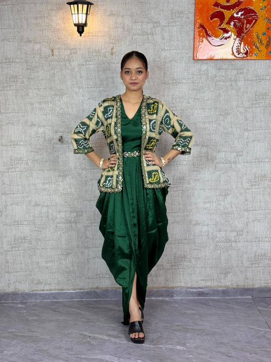 Chinon Silk Dhoti Style Stiched Suit With Printed Jecket