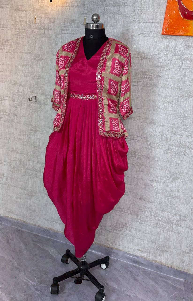 Chinon Silk Dhoti Style Stiched Suit With Printed Jecket