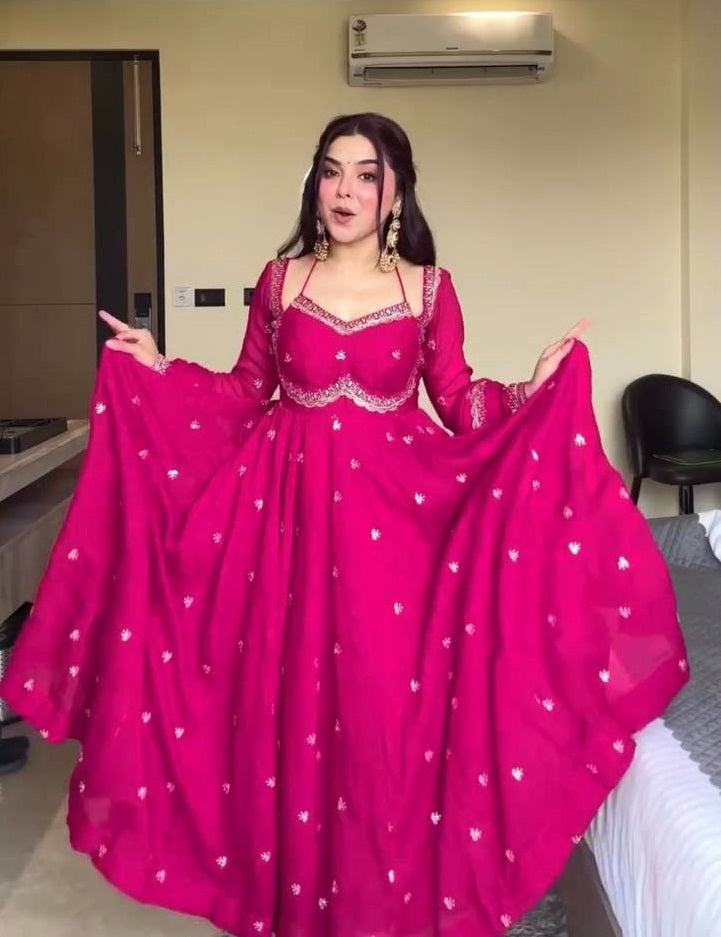 Red Georgette Anarkali Suit Set with 4-Meter Flair Fully Stiched