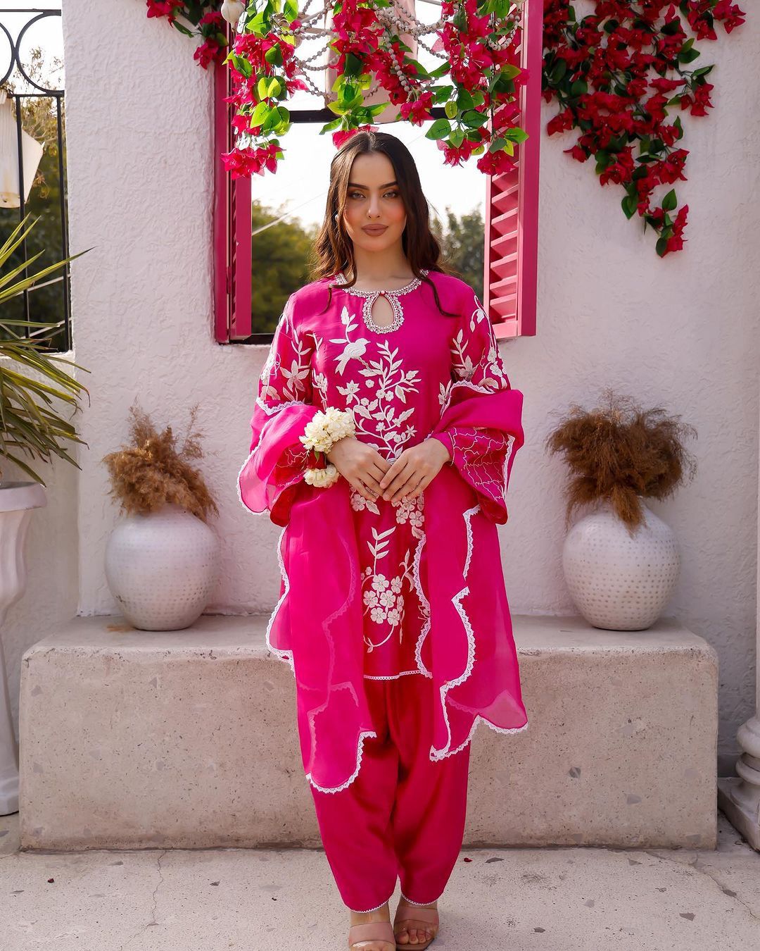 Pink Silk Thread Work Ready to wear Patiyala Suit For Women