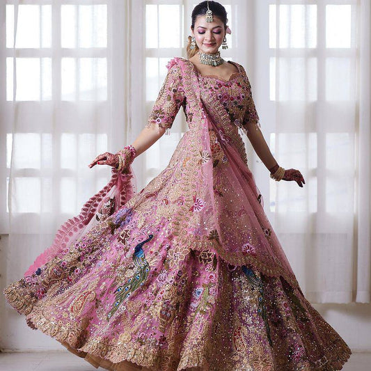 Pink Color Organza Silk Peacock Work Lehenga Choli