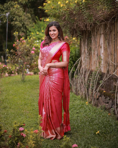 Pink Colour Lichi Silk Jacquard Weaving Wedding Wear Saree