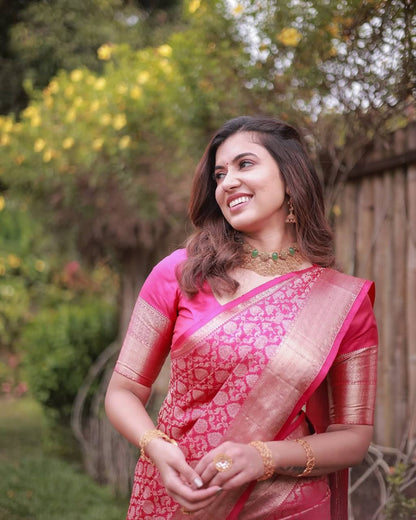 Pink Colour Lichi Silk Jacquard Weaving Wedding Wear Saree